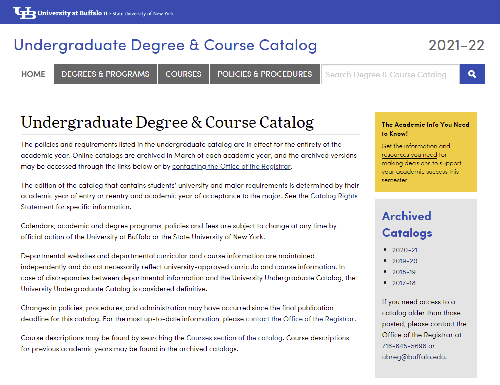 Screenshot of the UB Undergraduate Catalog Homepage